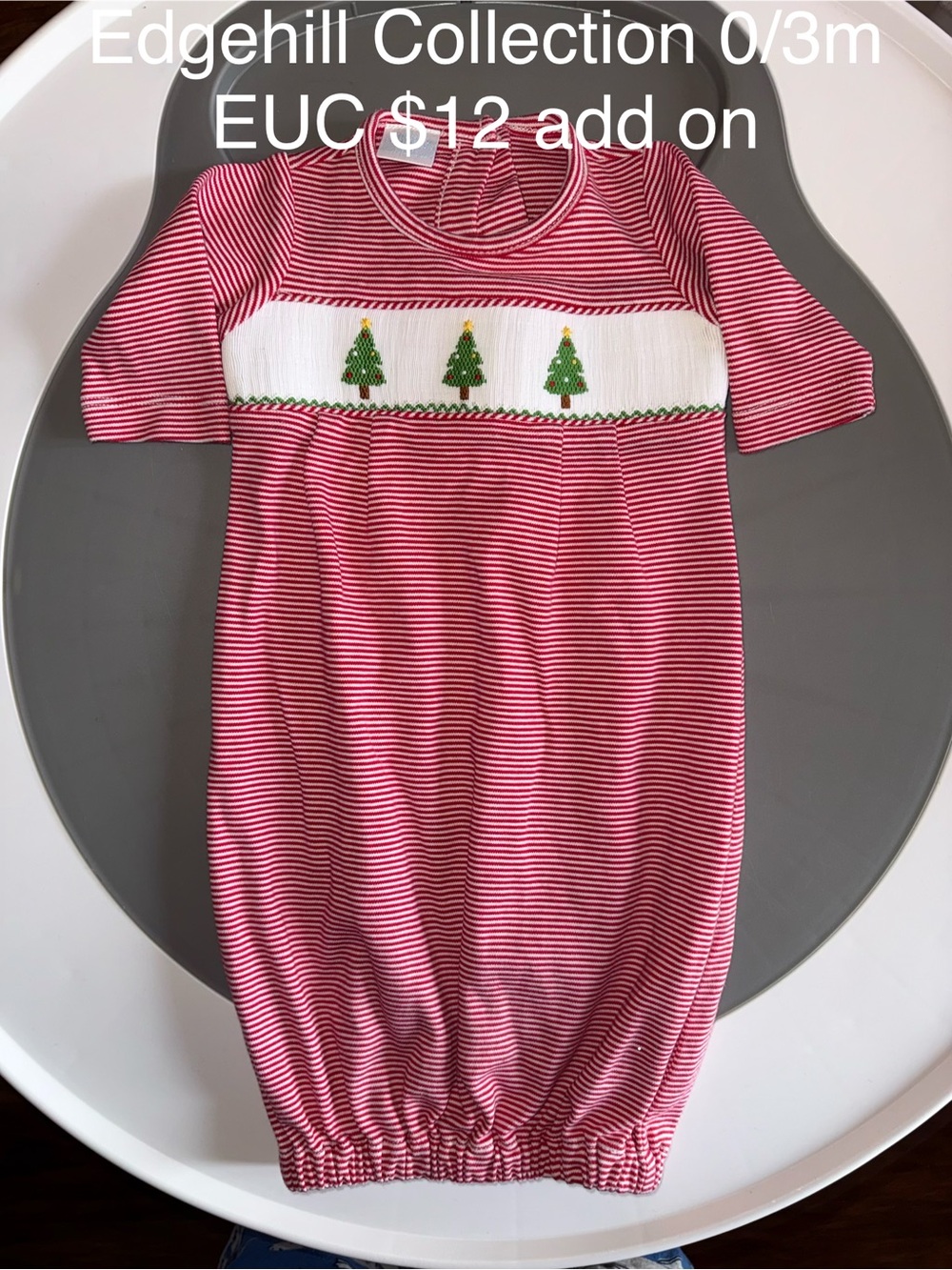 Edgehill Collection Red and White Striped Gown with Green Tree Smocking